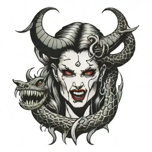 lilith vampireshowing fangs  has snake heads for horns tattoo design idea