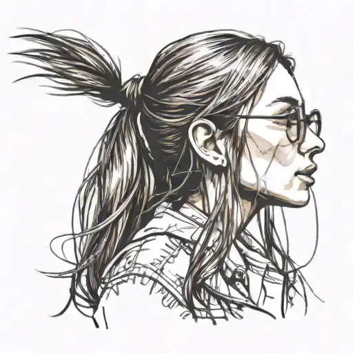 girl in profile, very long aquiline nose, glasses, long straight brown hair tattoo design idea