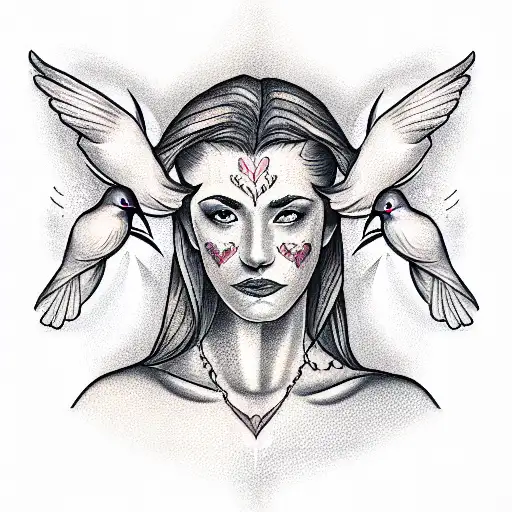renaissance woman in cloth with 3 doves above her head tattoo design idea
