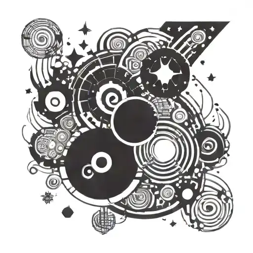 An abstract tattoo design of a cosmic spiral galaxy, with pixelated game symbols scattered throughout, representing your love for games and anime tattoo design idea