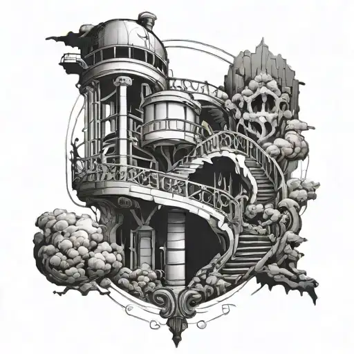 A tattoo design featuring a spiral staircase leading into a mysterious abyss, incorporating elements of your favorite video game characters tattoo design idea