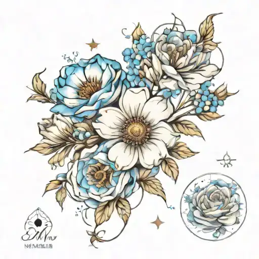 full sleeve tattoo poppy, aster, forget me nots, rose and the constellations for Gemini, Leo, Capricorn, and Sagittarius tattoo design idea