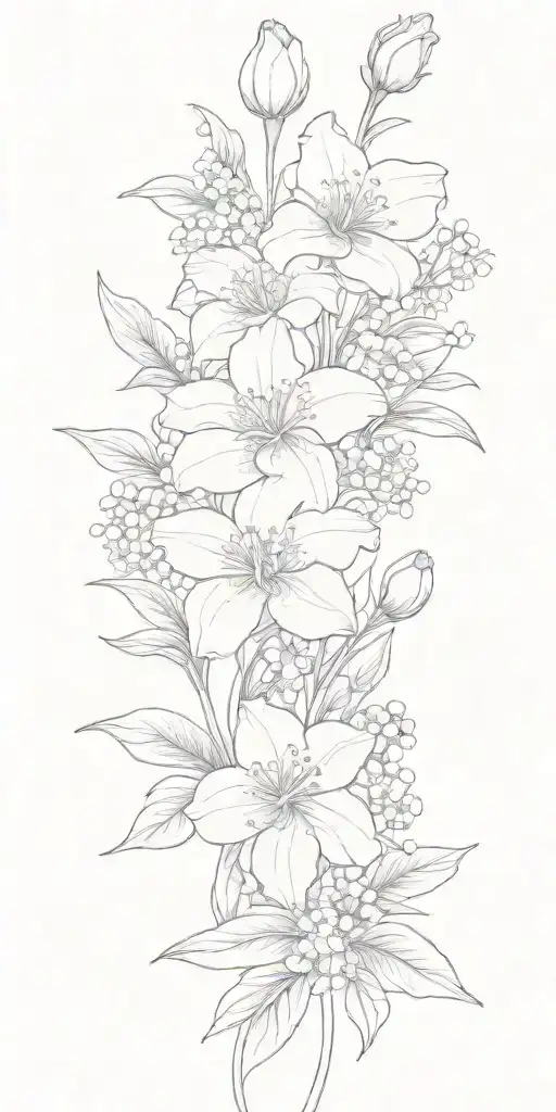 forget me not, carnation, lily of the valley bouquet tattoo design idea