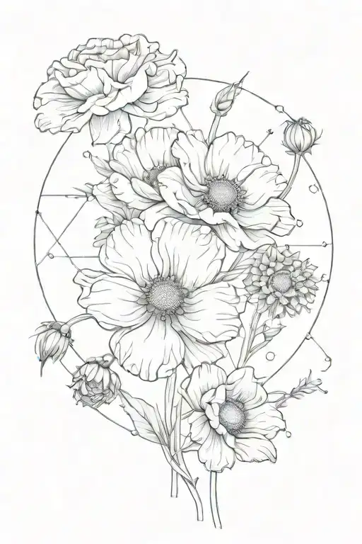 poppy, aster, forget me nots, rose and the constellations for Leo, Gemini, Sagittarius, and Capricorn tattoo design idea