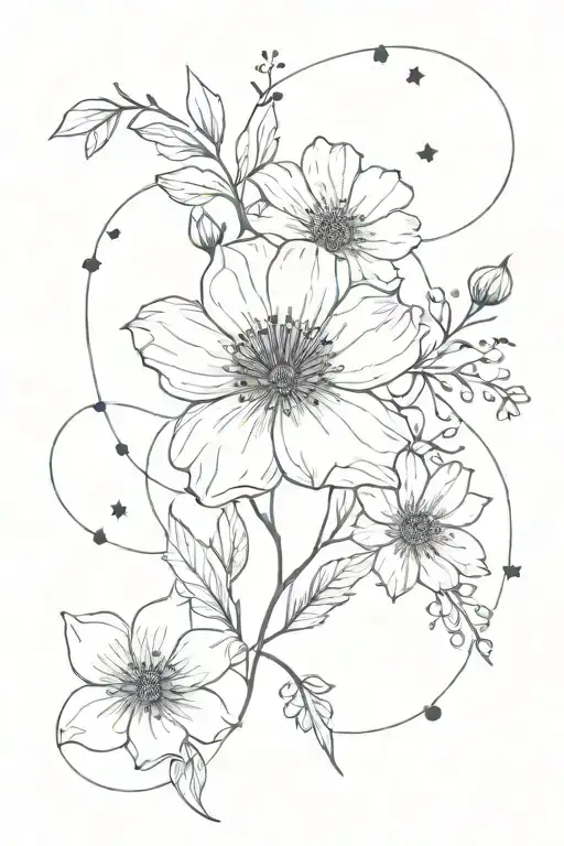 poppy, aster, forget me nots, rose and the constellations for Leo, Gemini, Sagittarius, and Capricorn tattoo design idea