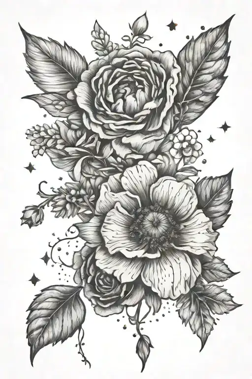poppy, aster, forget me nots, rose and the constellations for Leo, Gemini, Sagittarius, and Capricorn tattoo design idea