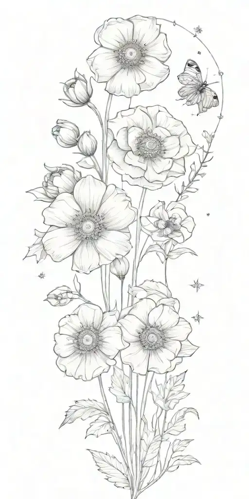 poppy, aster, forget me nots, rose and the constellations for Leo, Gemini, Sagittarius, and Capricorn tattoo design idea