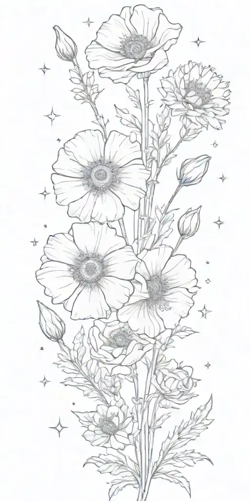 poppy, aster, forget me nots, rose and the constellations for Leo, Gemini, Sagittarius, and Capricorn tattoo design idea