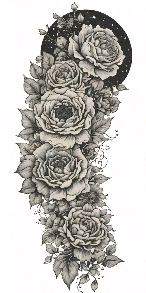 poppy, aster, forget me nots, rose and the constellations for Leo, Gemini, Sagittarius, and Capricorn tattoo design idea
