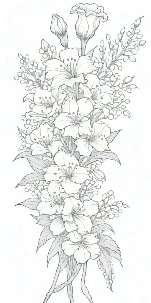 carnation, forget me not, lily of the valley bouquet tattoo design idea