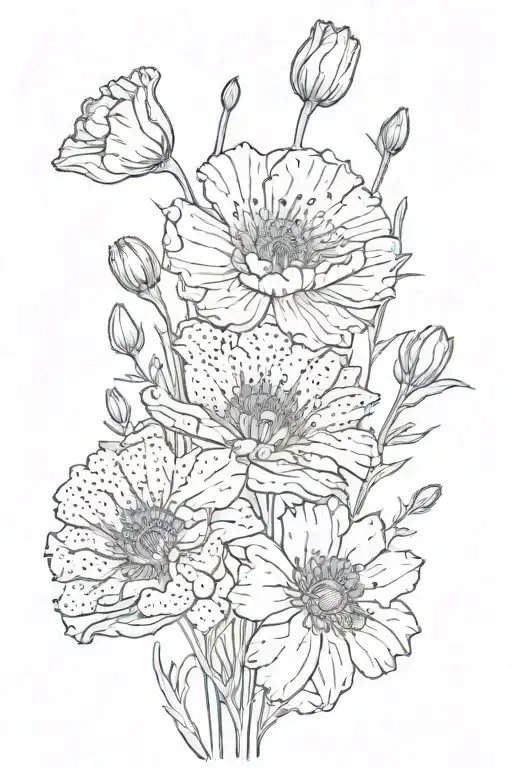 poppy, aster, forget me nots, carnation, lily, marigold  tattoo design idea