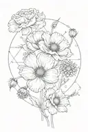 poppy, aster, forget me nots, rose and the constellations for Leo, Gemini, Sagittarius, and Capricorn tattoo design idea