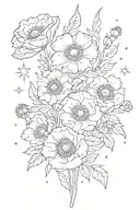 poppy, aster, forget me nots, rose and the constellations for Leo, Gemini, Sagittarius, and Capricorn tattoo design idea