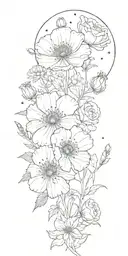 poppy, aster, forget me nots, rose and the constellations for Leo, Gemini, Sagittarius, and Capricorn tattoo design idea