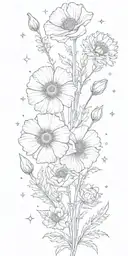 poppy, aster, forget me nots, rose and the constellations for Leo, Gemini, Sagittarius, and Capricorn tattoo design idea