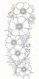 poppy, aster, forget me nots, rose and the constellations for Leo, Gemini, Sagittarius, and Capricorn tattoo design idea