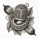 A tattoo of a coffee bean morphing into a microphone, surrounded by intricate floral designs tattoo design idea