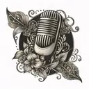 A tattoo of a coffee bean morphing into a microphone, surrounded by intricate floral designs tattoo design idea