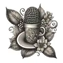 A tattoo of a coffee bean morphing into a microphone, surrounded by intricate floral designs tattoo design idea