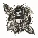 A tattoo of a coffee bean morphing into a microphone, surrounded by intricate floral designs tattoo design idea