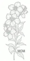 A minimalist design of a forget me not flower with the stem forming the word 'mom', symbolizing the everlasting bond between mother and child tattoo design idea