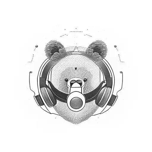 A blackwork tattoo of a bear wearing a headset, surrounded by a virtual reality gaming environment. tattoo design idea