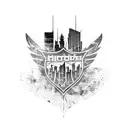 A silhouette of the Phoenix city skyline with a vintage American muscle car speeding through the streets tattoo design idea