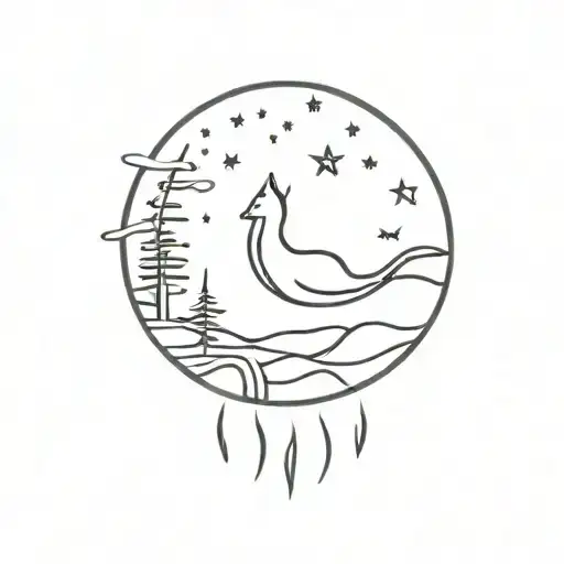 fine line moon with Korean pine, waves, and the silhouette of a dog and cat. 5 stars above the moon tattoo design idea