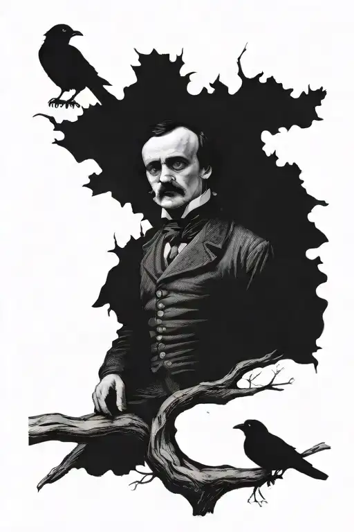 Edgar Allan Poe in the center, against the background of trees without leaves, a raven sits on a tree, ma tattoo design idea