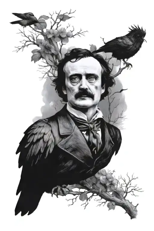  Edgar Allan Poe in the center, against the background of trees without leaves, a raven sits on a tree, ma tattoo design idea