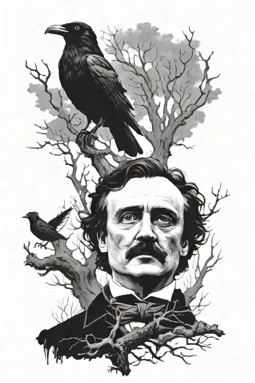  Edgar Allan Poe in the center, against the background of trees without leaves, a raven sits on a tree, ma tattoo design idea