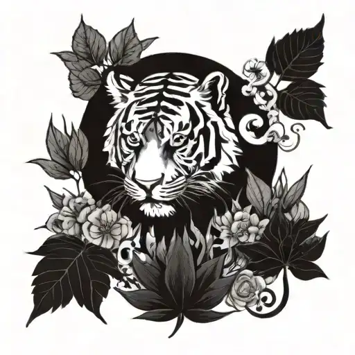tigers, plants and the moon and sun tattoo design idea