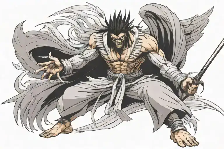 Hybrid of Kenpachi Zaraki and owl in a battle pose tattoo design idea