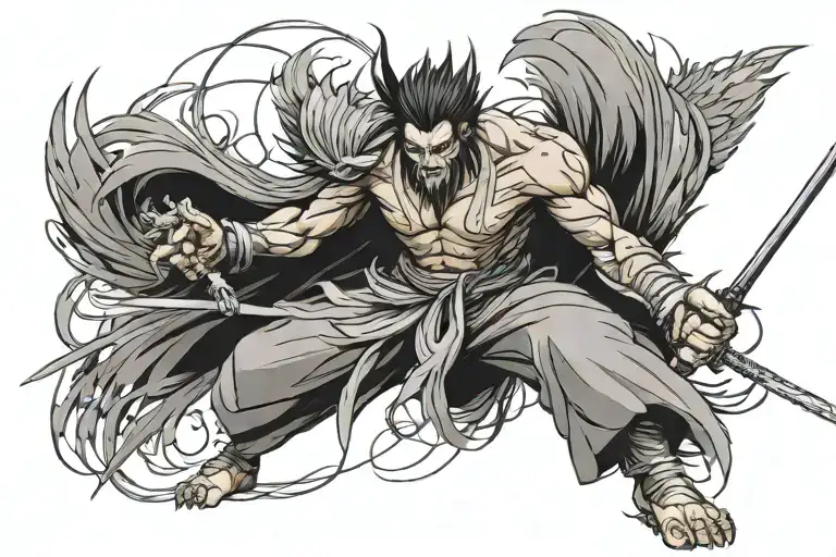 Hybrid of Kenpachi Zaraki and owl in a battle pose tattoo design idea