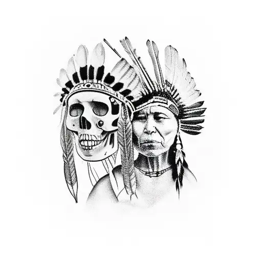 Native American woman and a skull of a Native American woman facing each mothers in black and white  tattoo design idea
