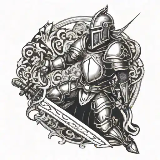 A knight holding a sword in a dynamic pose, capturing the essence of bravery and power tattoo design idea