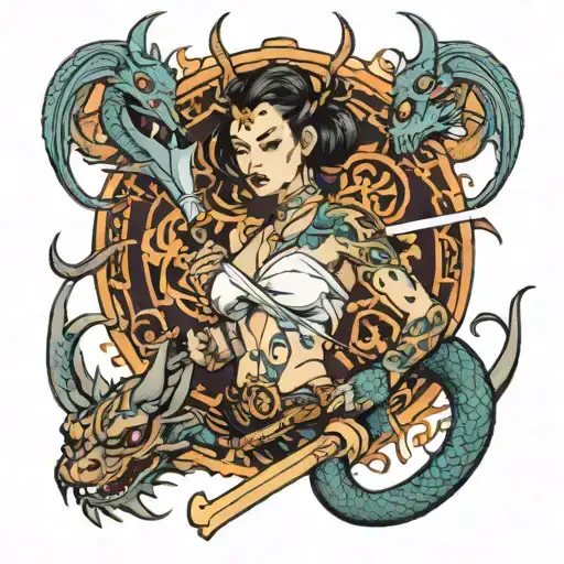  lady with samari sword with dragons flying around her  tattoo design idea
