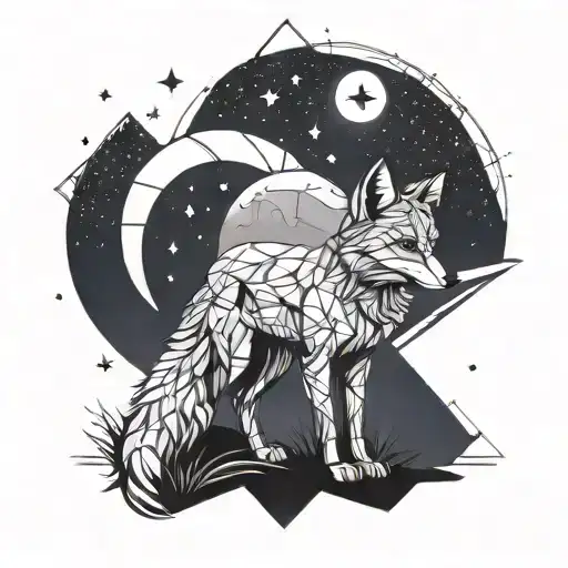 Moon Fox: A fox in a night landscape with a full moon and stars. This design may include fili elements tattoo design idea