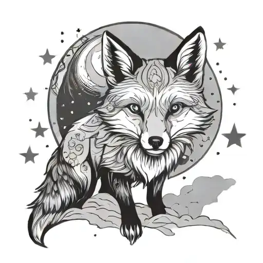 Moon Fox: A fox in a night landscape with a full moon and stars. This design may include fili elements tattoo design idea
