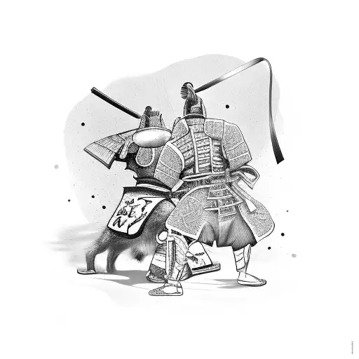 A samurai warrior practicing boxing with a bultterier dog by his side, surrounded by Chinese tea cups tattoo design idea