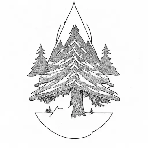 Pine tree, stream, trout, camping tattoo design idea