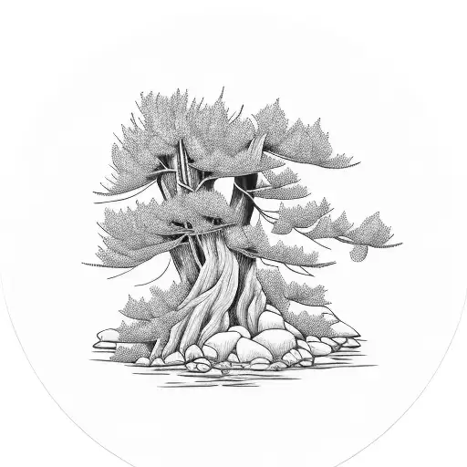 Pine tree, stream, trout, camping, belted kingfisher tattoo design idea