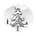 Pine tree, stream, trout, camping tattoo design idea