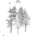 Pine tree, stream, trout, camping tattoo design idea
