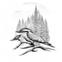 Pine tree, stream, trout, camping, belted kingfisher tattoo design idea
