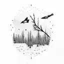 Pine tree, stream, trout, camping, belted kingfisher tattoo design idea