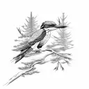 Pine tree, stream, trout, camping, belted kingfisher tattoo design idea