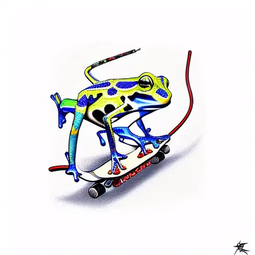 Colorful dart frog on a skateboard doing a trick tattoo design idea
