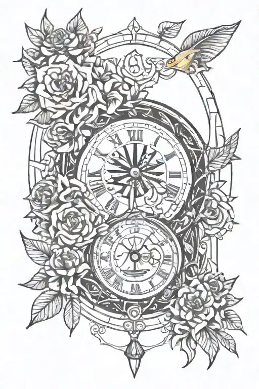 eye melting clock with october flower and january flower with greek ribbin wrapping all around  tattoo design idea