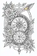 eye melting clock with october flower and january flower with greek ribbin wrapping all around  tattoo design idea